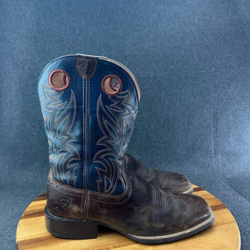 Ariat Men's Western Pull-On Leather Boots Square Toe Mid-Calf Brown Blue 12D
